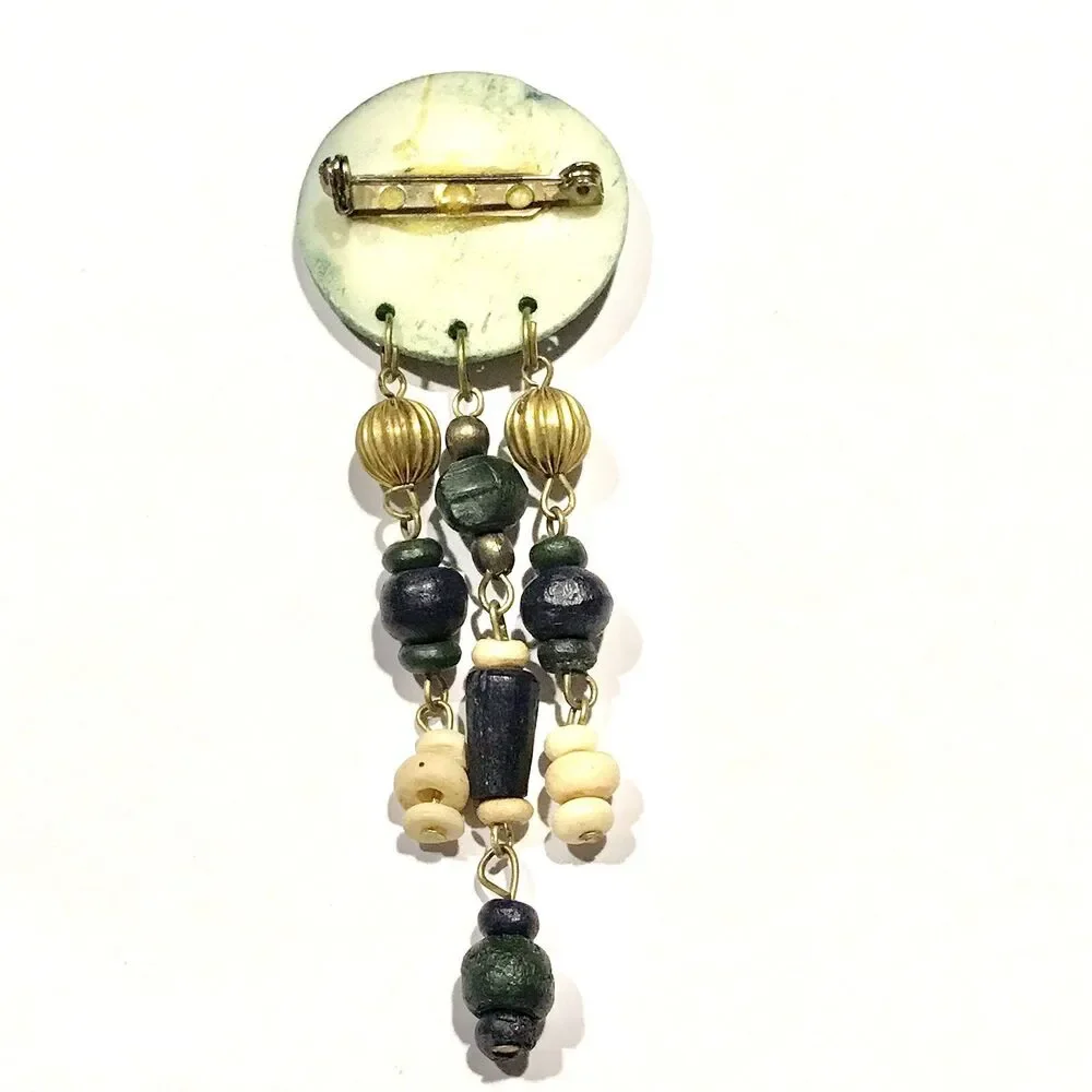 Vintage Boho Wood Beaded Resin Brooch Pin Gold Tone Blue Green Beige Artist Made